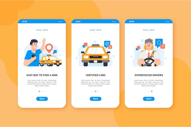 Pantallas de la aplicación de incorporación del servicio de taxi