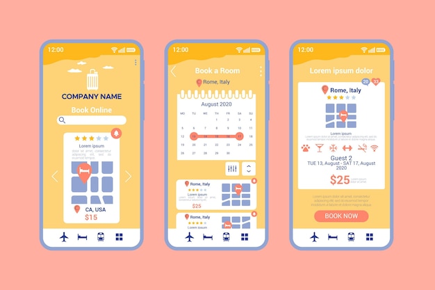 Vector gratuito pantallas de la aplicación de reserva de viajes