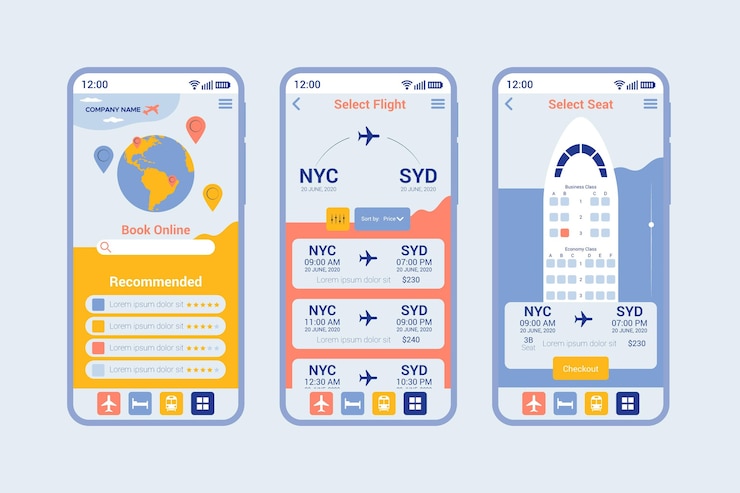 Vector gratuito pantallas de la aplicación de reserva de viajes