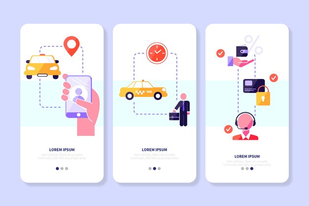 Pantallas de la aplicación de servicio de taxi con teléfono móvil