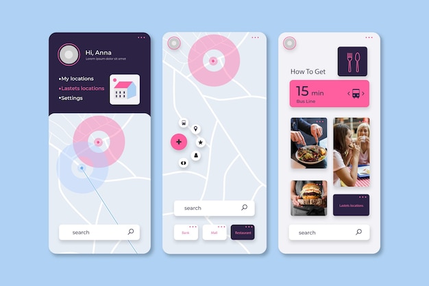 Vector gratuito pantallas de la aplicación de ubicación