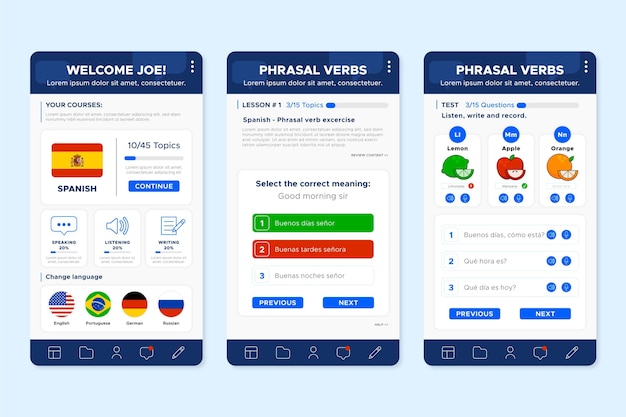 Pantallas de aplicaciones para aprender idiomas