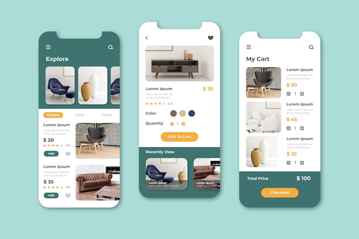 Vector gratuito pantallas de aplicaciones de compras de muebles