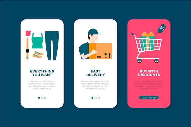 Vector gratuito pantallas de aplicaciones configuradas para compra en línea