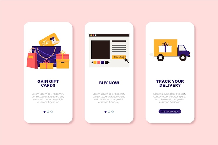Vector gratuito pantallas de aplicaciones configuradas para compra en línea