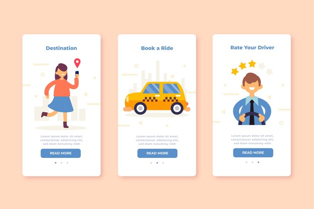 Pantallas de aplicaciones de incorporación para servicio de taxi