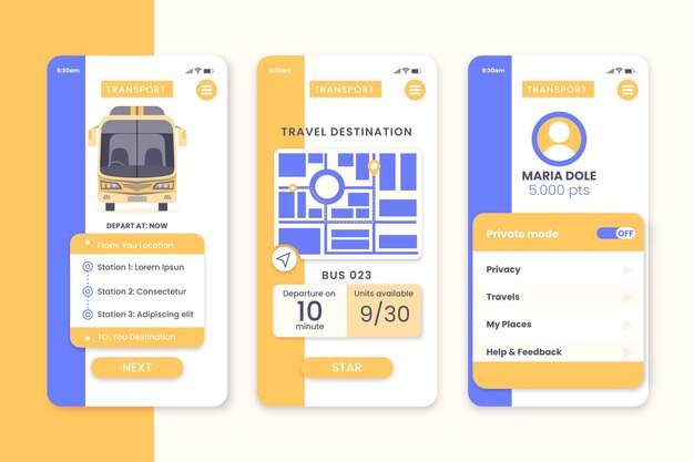 Pantallas de aplicaciones de transporte público