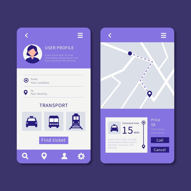 Pantallas de aplicaciones de transporte público