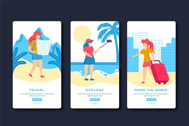 Pantallas de aplicaciones de viaje de vacaciones