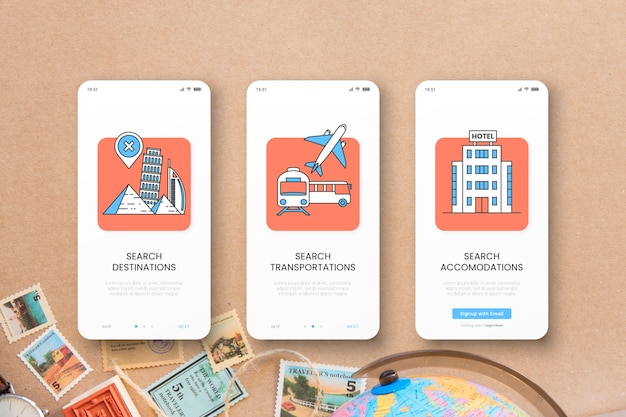 Vector gratuito pantallas de aplicaciones de viaje