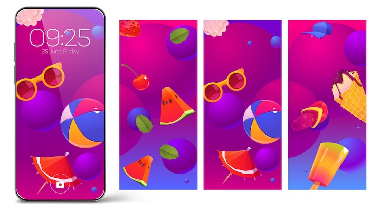 Vector gratuito pantallas de bloqueo de teléfonos inteligentes, páginas integradas de teléfonos móviles, fondo de pantalla con helado, frutas frescas, artículos de playa, fecha, día y hora de la semana para dispositivos digitales, plantilla temática de verano, conjunto de diseño de interfaz de usuario