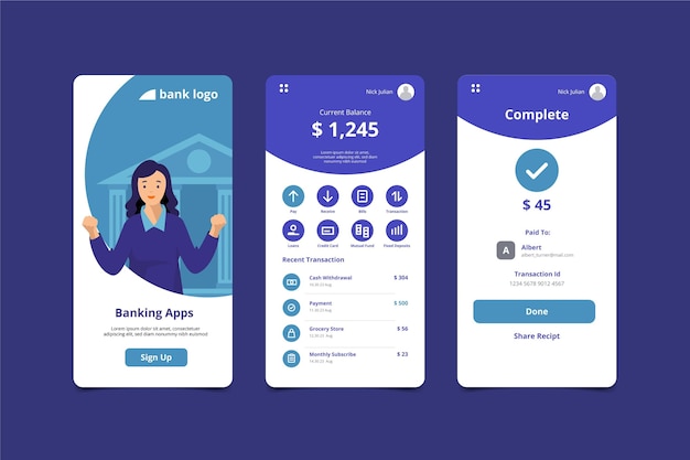 Vector gratuito pantallas de interfaz de la aplicación bancaria
