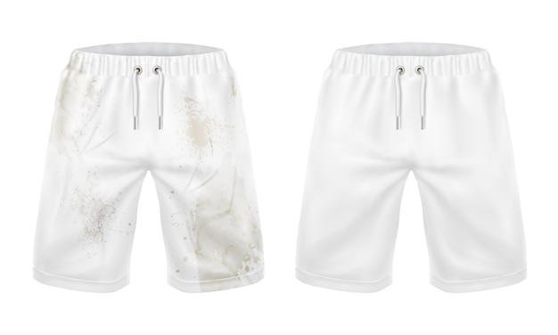 Pantalones cortos blancos antes y después de quitar la suciedad del lavado