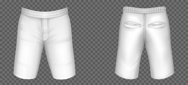 Pantalones cortos blancos para hombres vector, pantalones masculinos con bolsillos y plantilla de goma elástica vista frontal, posterior. Diseño de ropa en blanco 3d realista, ropa deportiva, ropa casual aislada