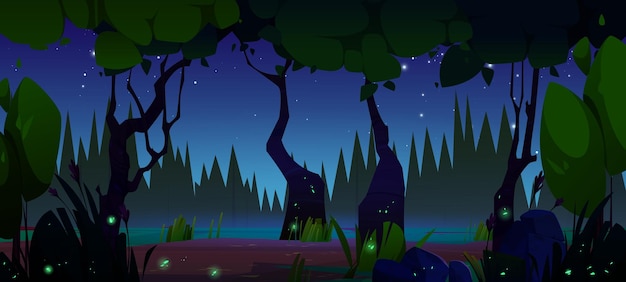 Pantano en el bosque por la noche Vector de dibujos animados de paisaje boscoso de noche oscura con árboles y plantas de estanques con luciérnagas voladoras brillantes Paisaje de pantano de medianoche de verano o primavera con lombrices luminosas