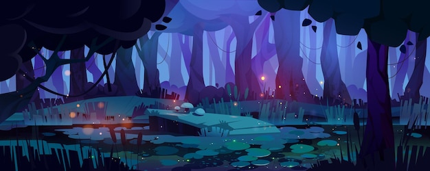 Vector gratuito pantano del bosque de la selva nocturna con fondo de luciérnaga paisaje de lago de fantasía con lenteja de agua y pantano espeluznante escena natural de halloween con silueta de árbol de follaje de haz de luz de luna y vino por la noche