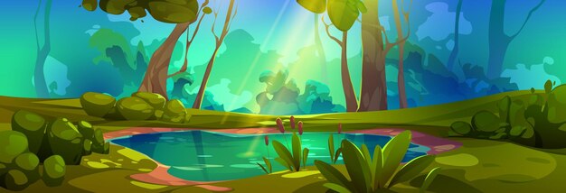 Pantano en el fondo del paisaje del juego del vector del bosque Agua del lago de fantasía verde con escena de caña Entorno de cuento de hadas de naturaleza salvaje para la escena de aventura con haz de luz solar en el concepto de verano sin nadie
