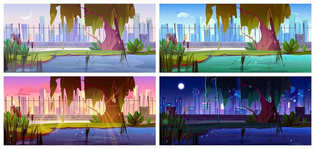 Pantano en el parque de la ciudad con dibujos animados de caña y hierba durante el día Estanque de agua cerca de la valla metálica en la noche atardecer y amanecer entorno naturaleza paisaje Nadie al aire libre paisaje panorámico ilustración diseño
