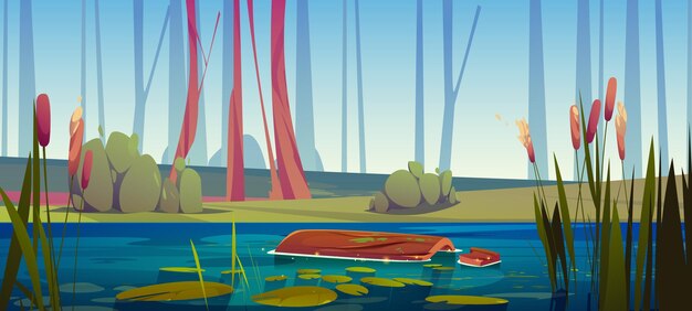 Pantano verde con totora de troncos flotantes cerca del lago