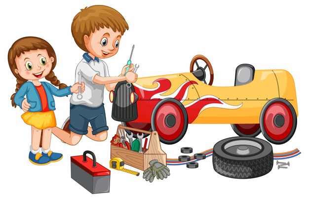 Papá e hija reparando un auto juntos