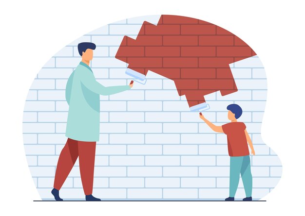 Papá e hijo pintando la pared. Padre e hijo renovando o decorando apartamento. Ilustración de dibujos animados