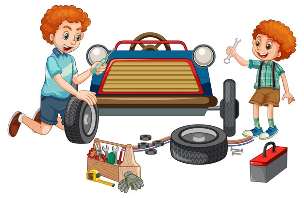 Papá e hijo reparando un auto juntos