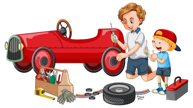 Papá e hijo reparando un auto juntos