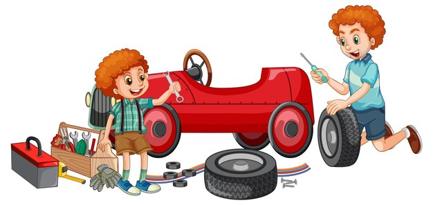 Papá e hijo reparando un auto juntos
