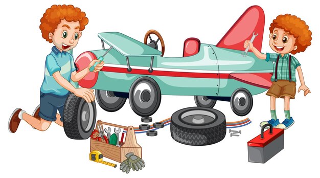Papá e hijo reparando un avión juntos