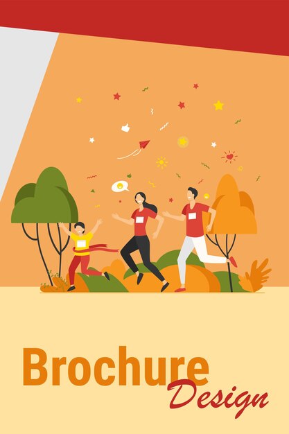 Papá, mamá y niños corriendo juntos en el parque aislado ilustración vectorial plana. Hombre, mujer y niños felices de dibujos animados para correr maratón. Concepto de estilo de vida familiar y saludable