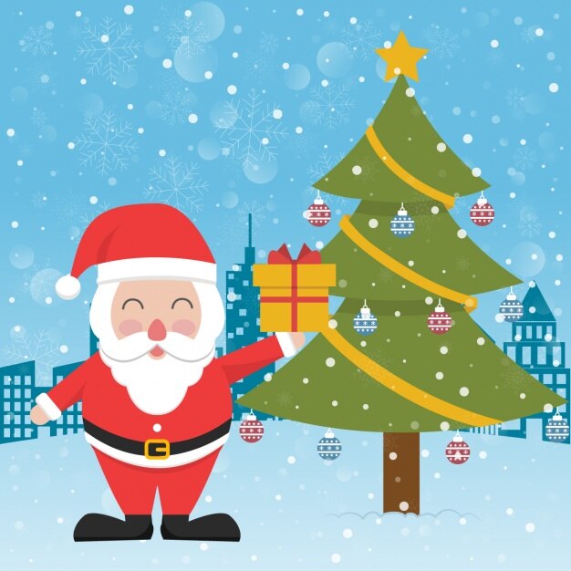 Papá noel al lado de un árbol de navidad