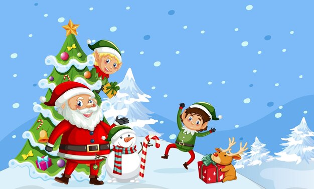 Papá Noel con amigos sobre fondo azul nevado
