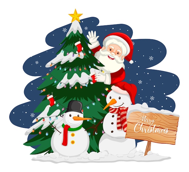 Papá Noel con árbol de Navidad y muñeco de nieve en la noche