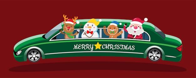 Vector gratuito papá noel y el equipo de renos conducen un coche limusina para enviar regalos de navidad a niños de todo el mundo. elemento de recorte de feliz navidad para tarjetas navideñas, invitaciones y decoración de celebración de sitio web