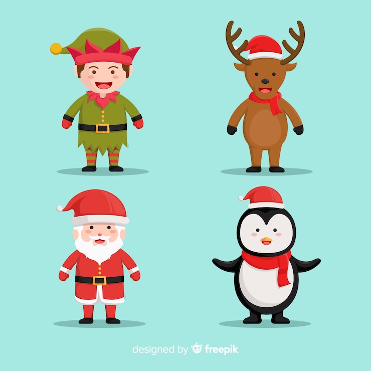 Vector gratuito papá noel con lindos animales y personajes elfos