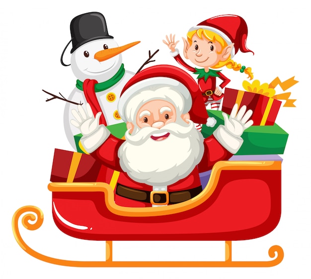 Papá Noel y muñeco de nieve en trineo rojo