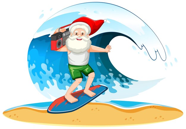 Papá Noel navegando con ola en tema de verano sobre fondo blanco.