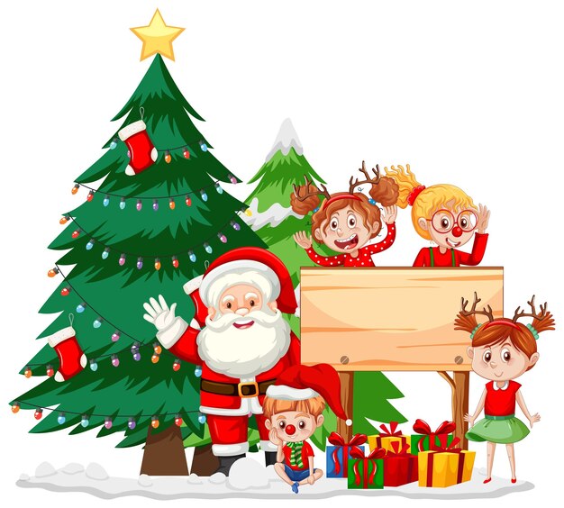 Papá Noel y niños con tablero de madera vacío