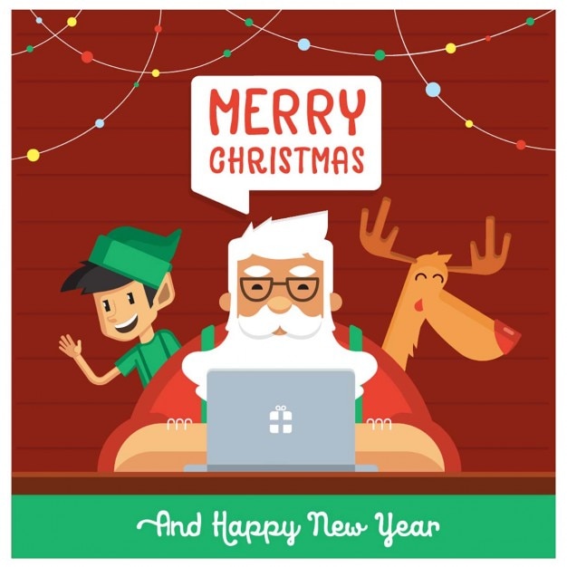 Vector gratuito papá noel en el ordenador, con un reno y un duende