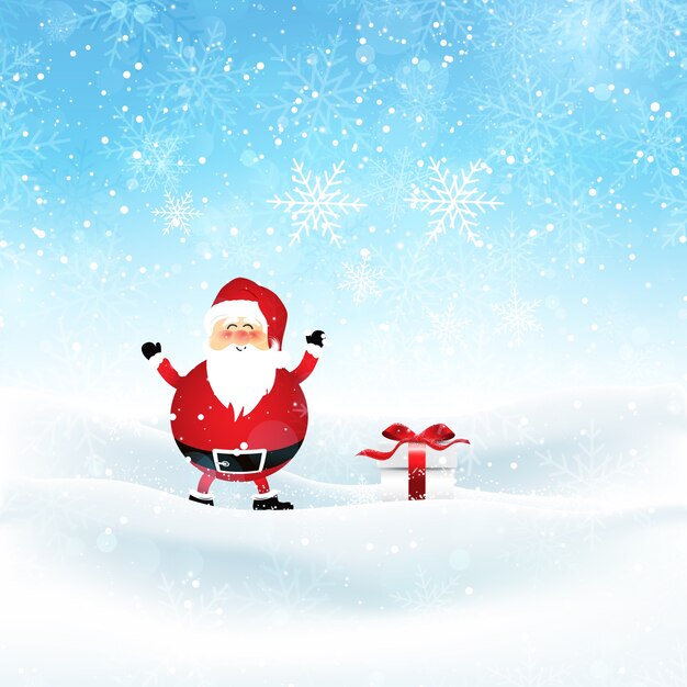 Papá Noel y regalo en paisaje nevado