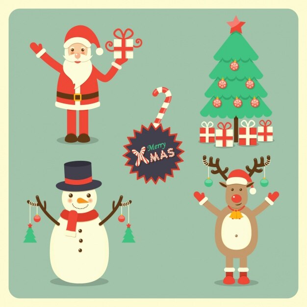 Papa noel, un reno, un hombre de nieve y un árbol de navidad