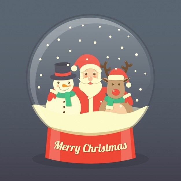 Papa noel, un reno y un muñeco de nieve en una esfera de cristal