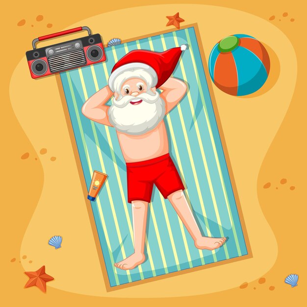 Papá Noel tomando el sol en la playa con elemento de verano