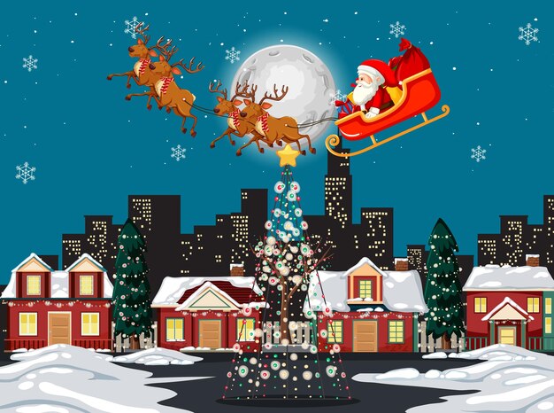 Papá Noel en trineo con renos volando en el cielo por la noche