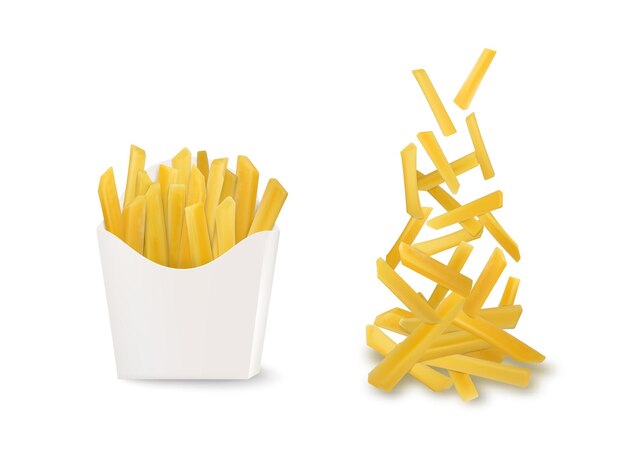 Papas fritas conjunto realista de imágenes aisladas con papas fritas que caen y empaquetadas en una ilustración de vector de taza de cartón