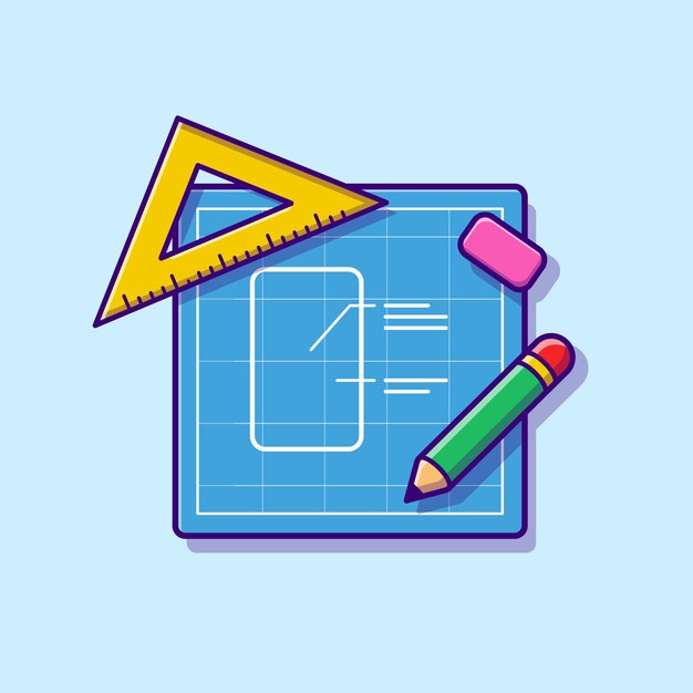 Papel de dibujo con lápiz, regla y borrador de dibujos animados