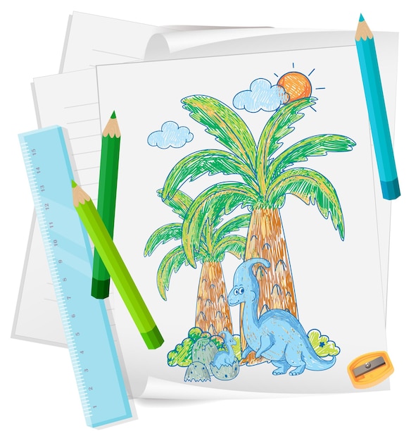 Un papel con un diseño de boceto de garabato con lápiz de color y color.