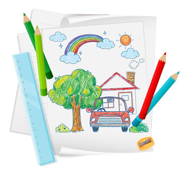 Un papel con un diseño de boceto de garabato con lápiz de color y color.