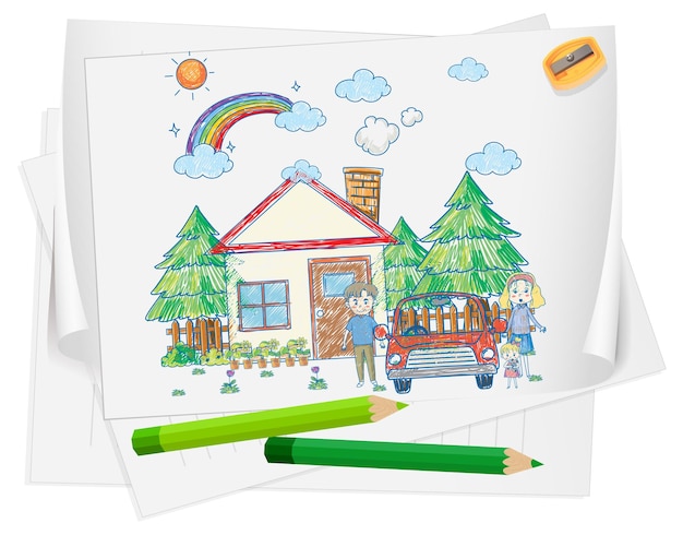 Un papel con un diseño de boceto de garabato con lápiz de color y color.