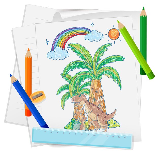 Un papel con un diseño de boceto de garabato con lápiz de color y color.